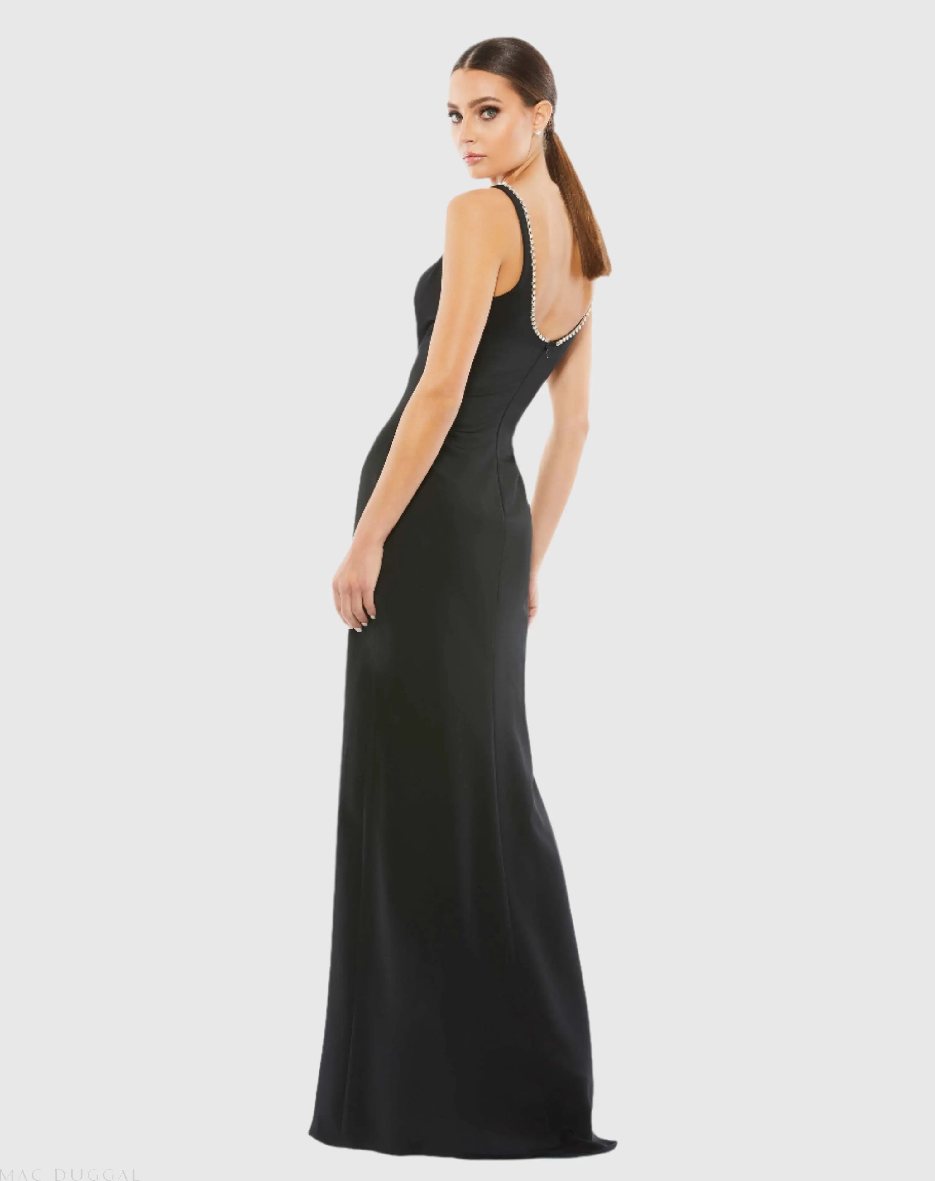 Black Sleeveless Crystal Scoop Neckline Column Gown with High Slit