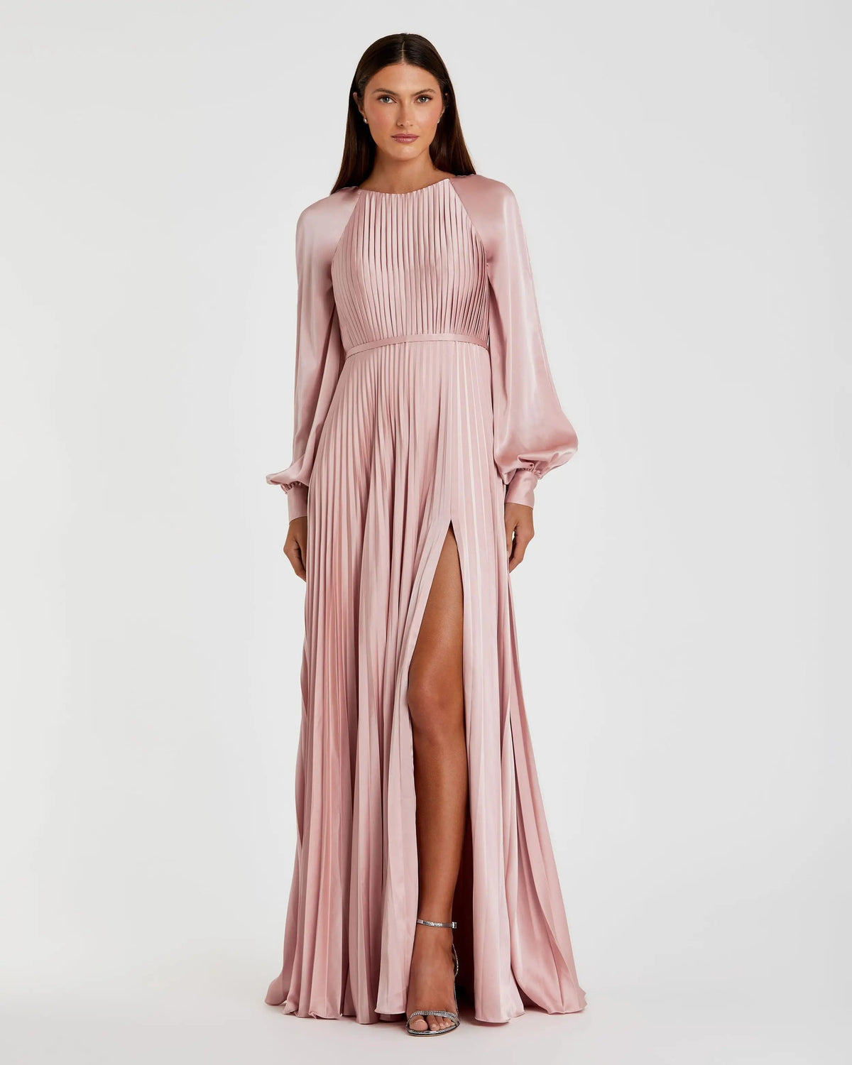 Pleated High Neck Raglan Long Sleeve Side Slit Gown