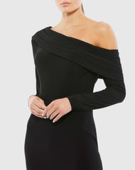 Black Drop Shoulder Long Sleeve Column Gown