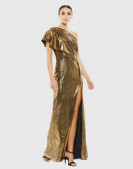 Gold Ruffled One Shoulder Metallic Evening Gown