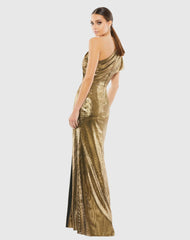 Gold Ruffled One Shoulder Metallic Evening Gown