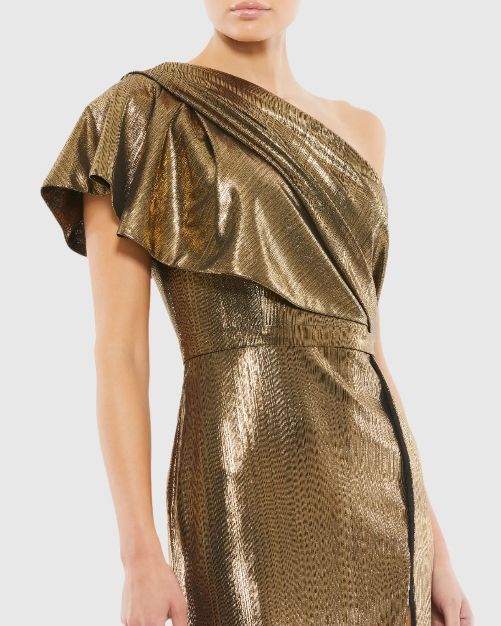 Gold Ruffled One Shoulder Metallic Evening Gown