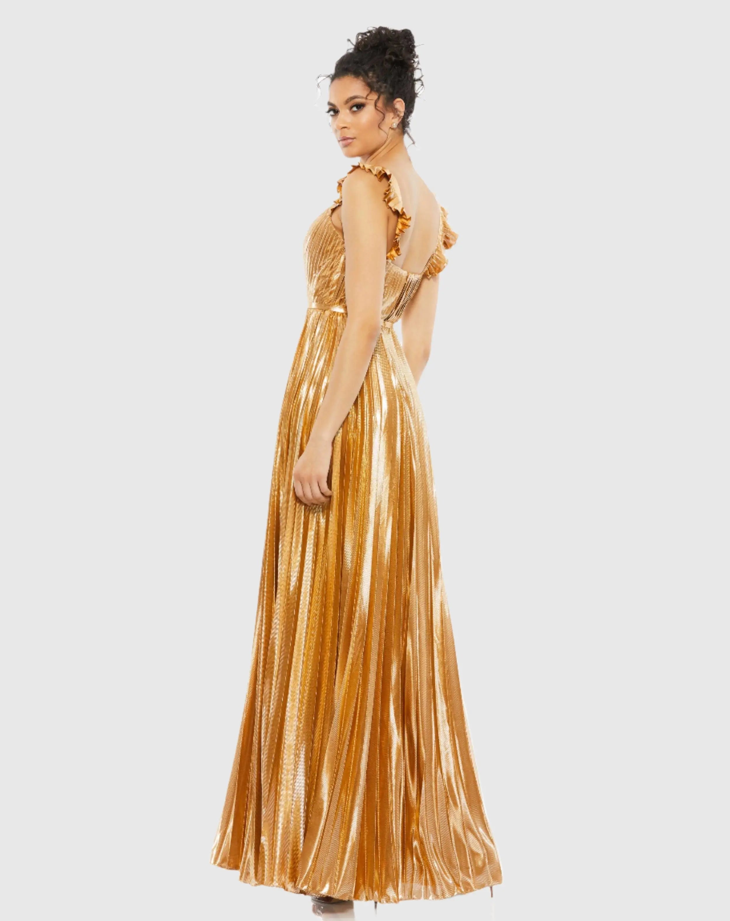Gold Pleated Ruffled Sleeveless Gown