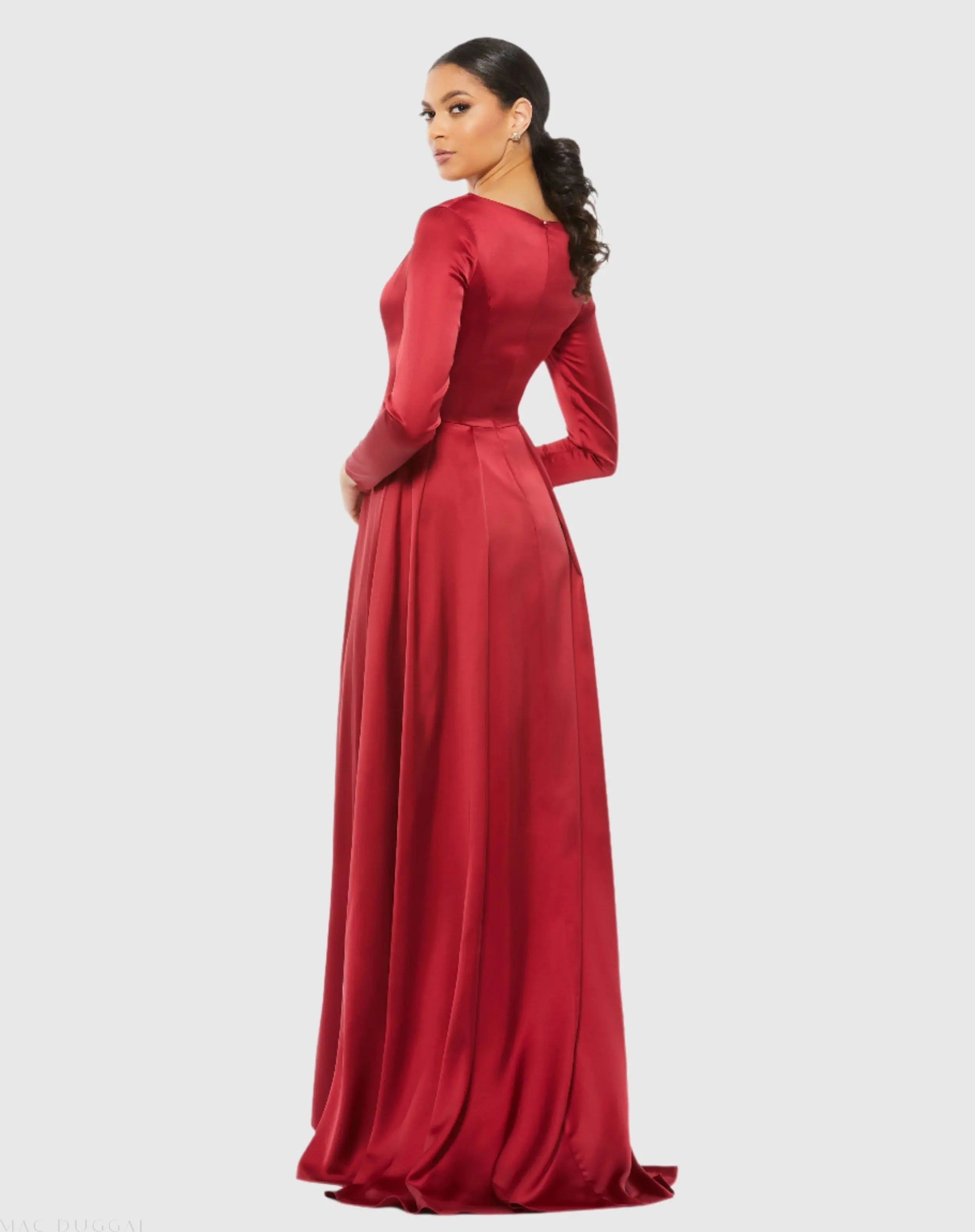 Red Satin V Neck Long Sleeve Gown