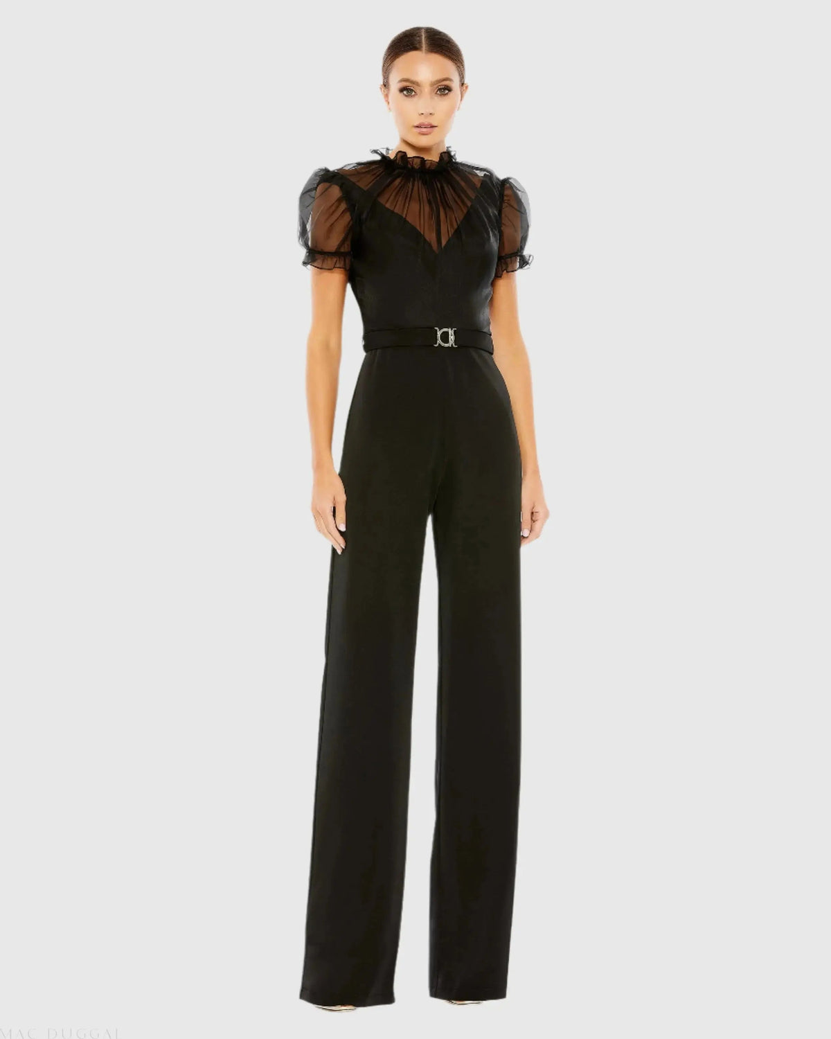 Black Belted Illusion High Neck Cap Sleeve Jumpsuit