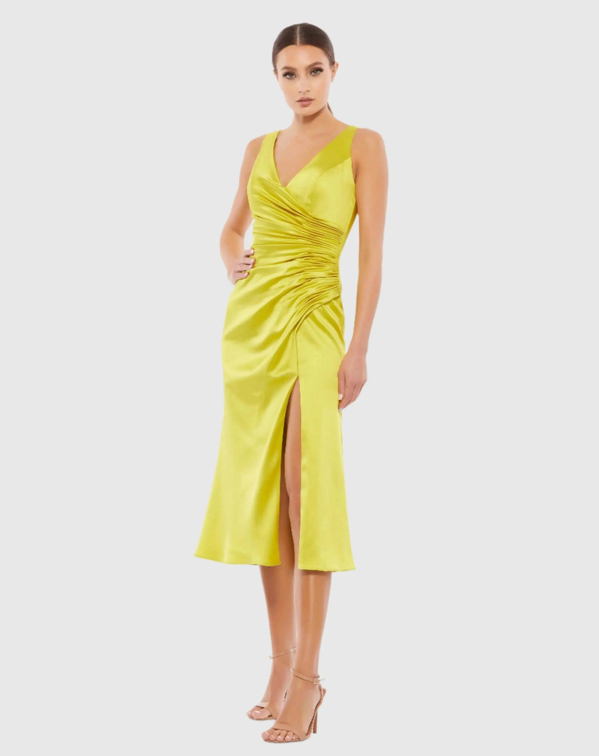 Green Satin Ruched V-Neck Faux Wrap Midi Dress