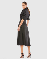 Black Satin Lapel Puff Sleeve Tea Length Dress