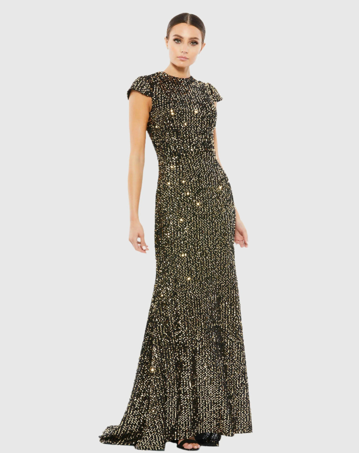 Black and Gold Cap Sleeve High Neck Sequin Gown