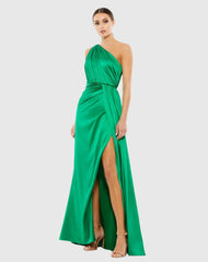 Green Gathered One Shoulder Satin Faux Wrap Gown