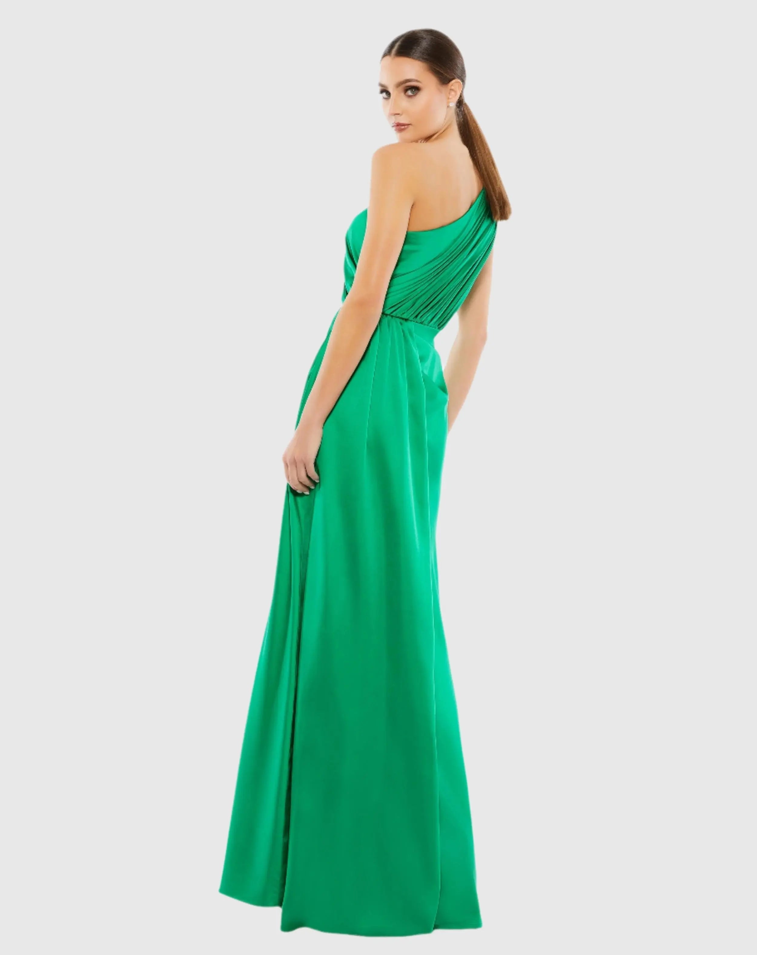 Green Gathered One Shoulder Satin Faux Wrap Gown