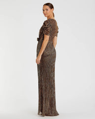 Brown Bow Waist Cap Sleeve Metallic Gown