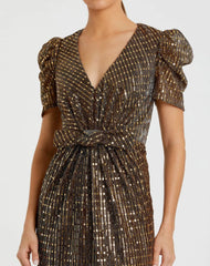 Brown Bow Waist Cap Sleeve Metallic Gown