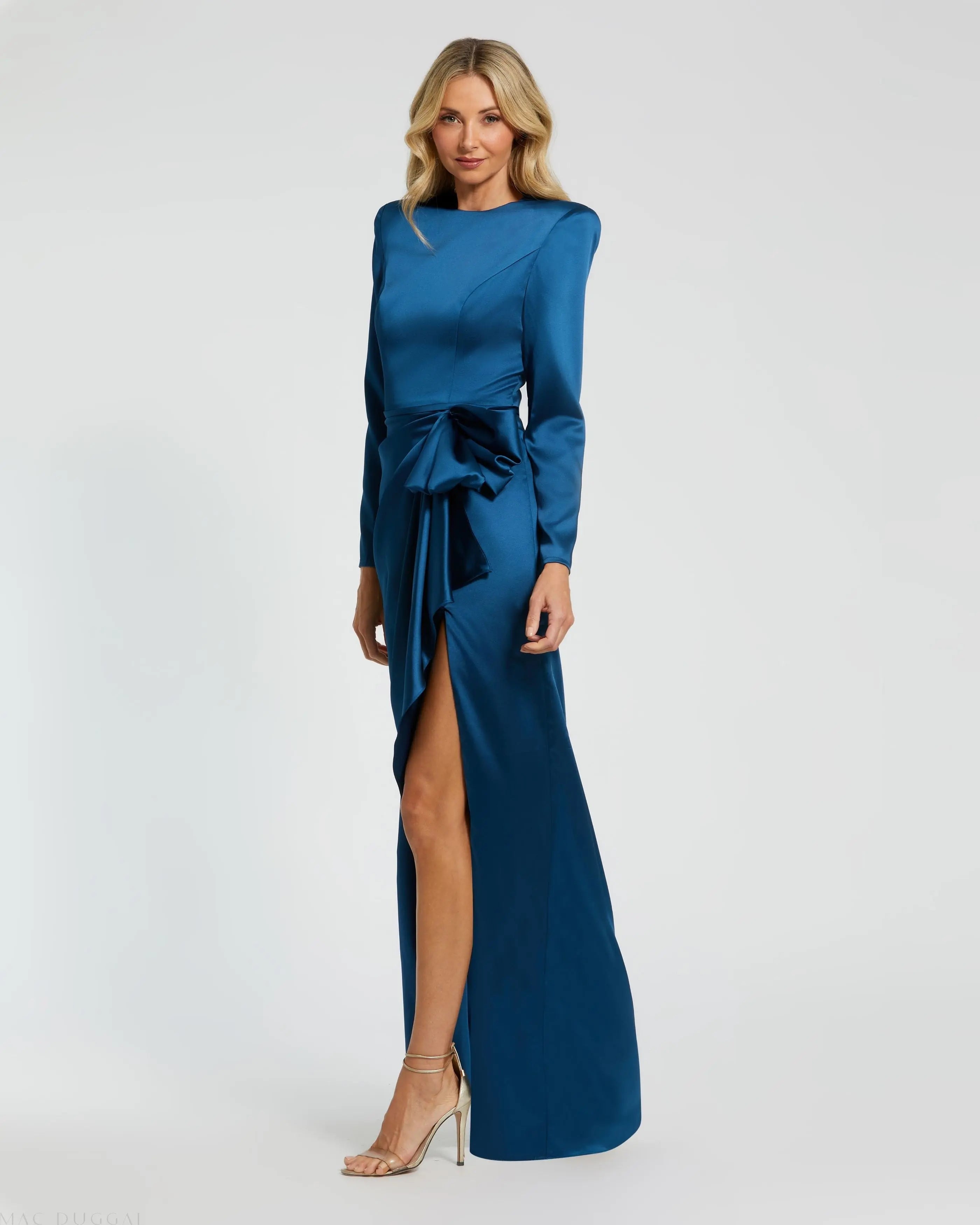 Blue Long Sleeve Satin Structured Bow Draped Column Gown