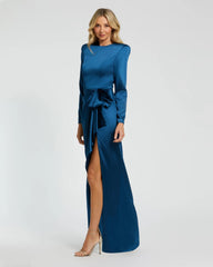 Blue Long Sleeve Satin Structured Bow Draped Column Gown