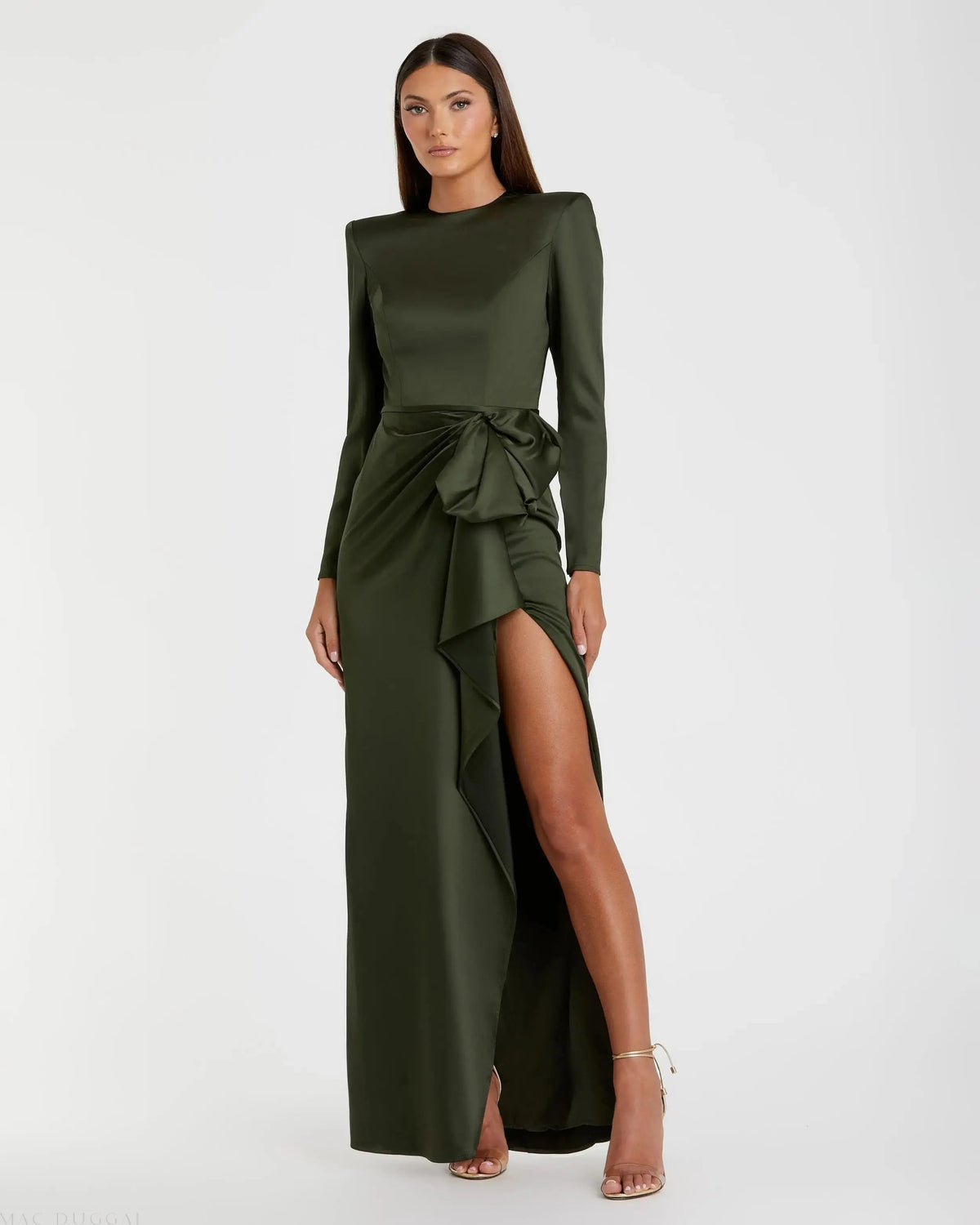 Dark Green Long Sleeve Satin Structured Bow Draped Column Gown