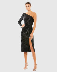 Black Ruched Sequined One Shoulder Midi Dress
