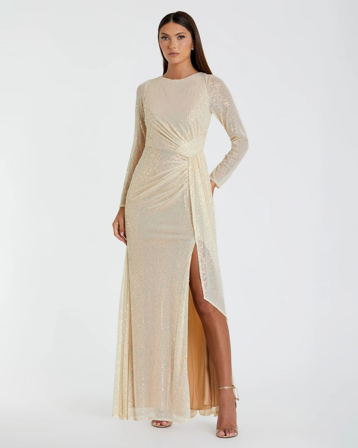 Beige Sequined Ruched Long Sleeve Boat Neck Gown
