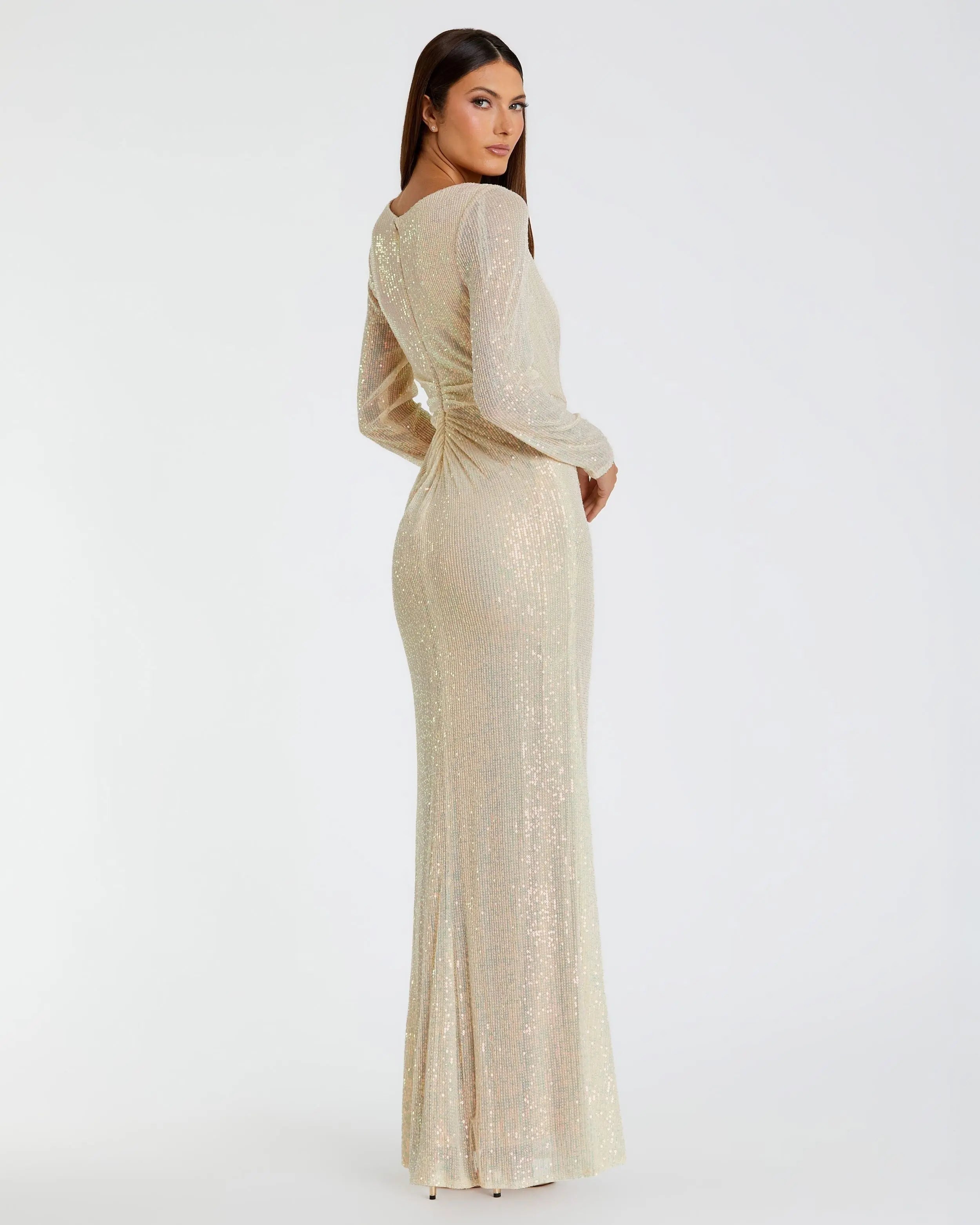 Beige Sequined Ruched Long Sleeve Boat Neck Gown
