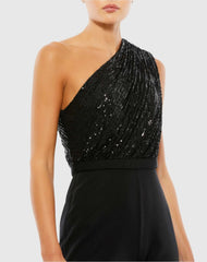 Black Sequined One Shoulder Jumpsuit