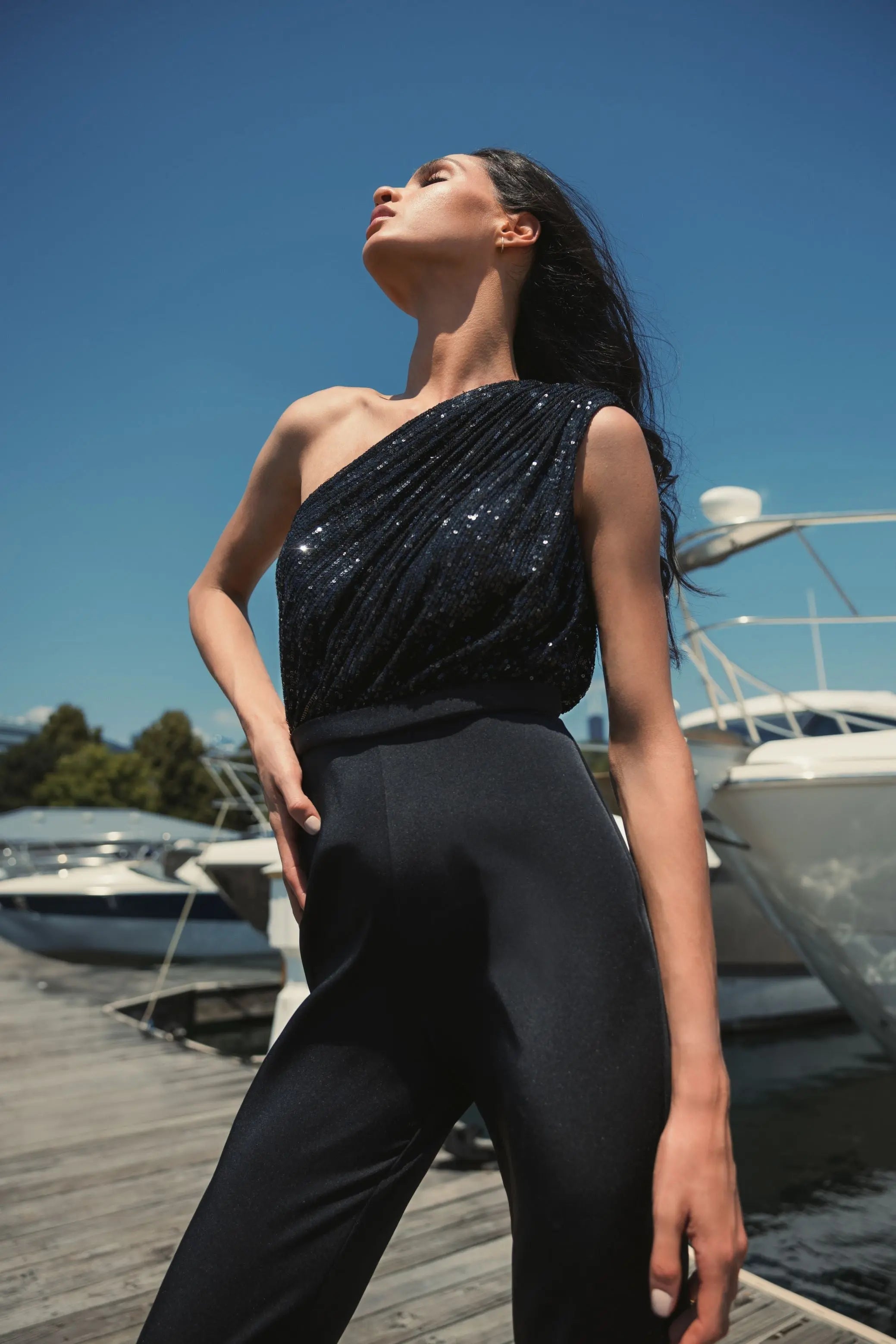 Black Sequined One Shoulder Jumpsuit