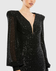 Black Sequined Plunge Neck Structured Bishop Sleeve Gown