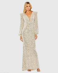 Silver Sequined Plunge Neck Structured Bishop Sleeve Gown