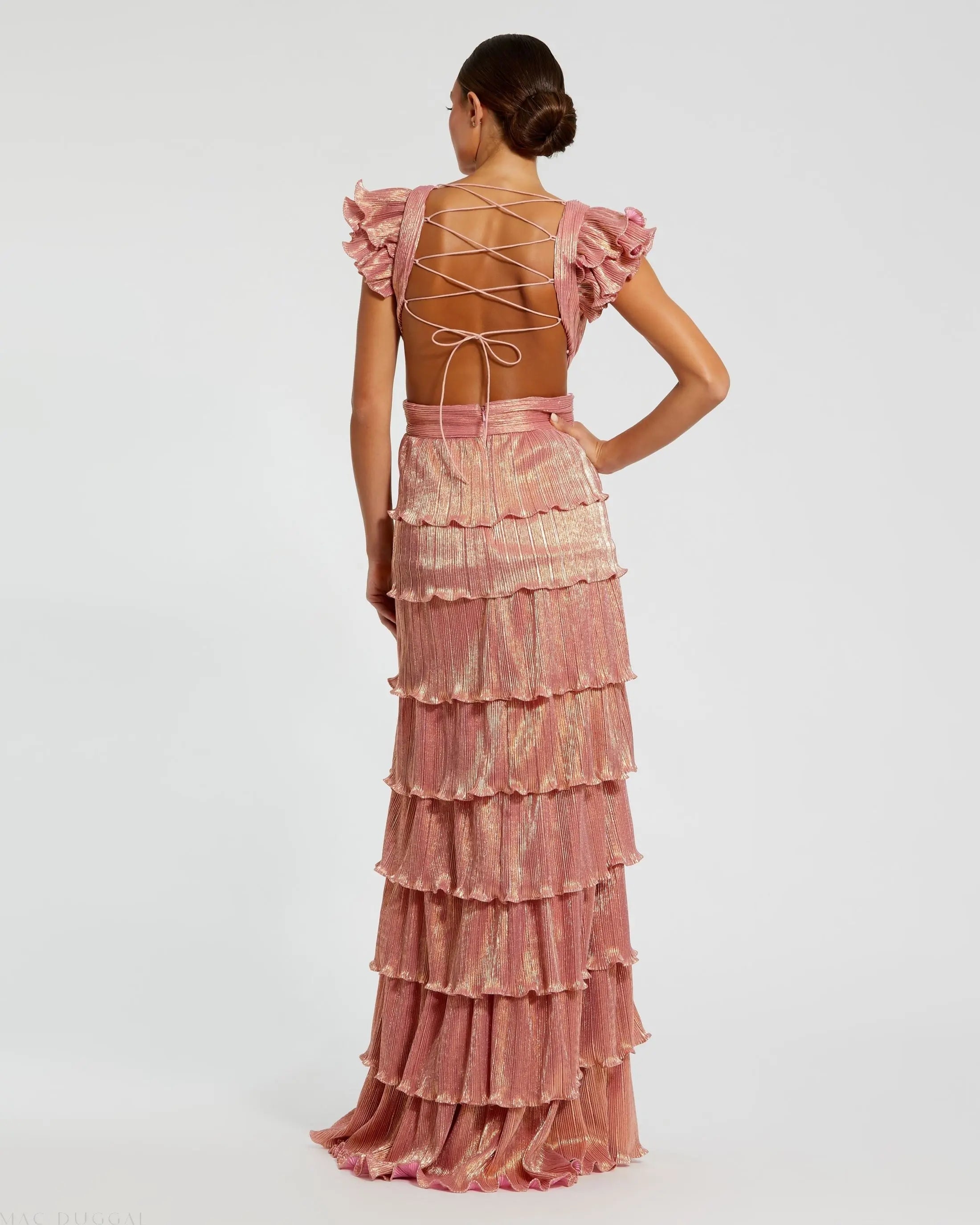 Pink Ruffle Tiered Criss Cross Lace Up Gown