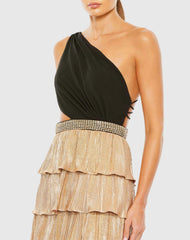 Black and Gold Tiered One Shoulder Gown