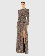 Black Floral Long Sleeve Gown