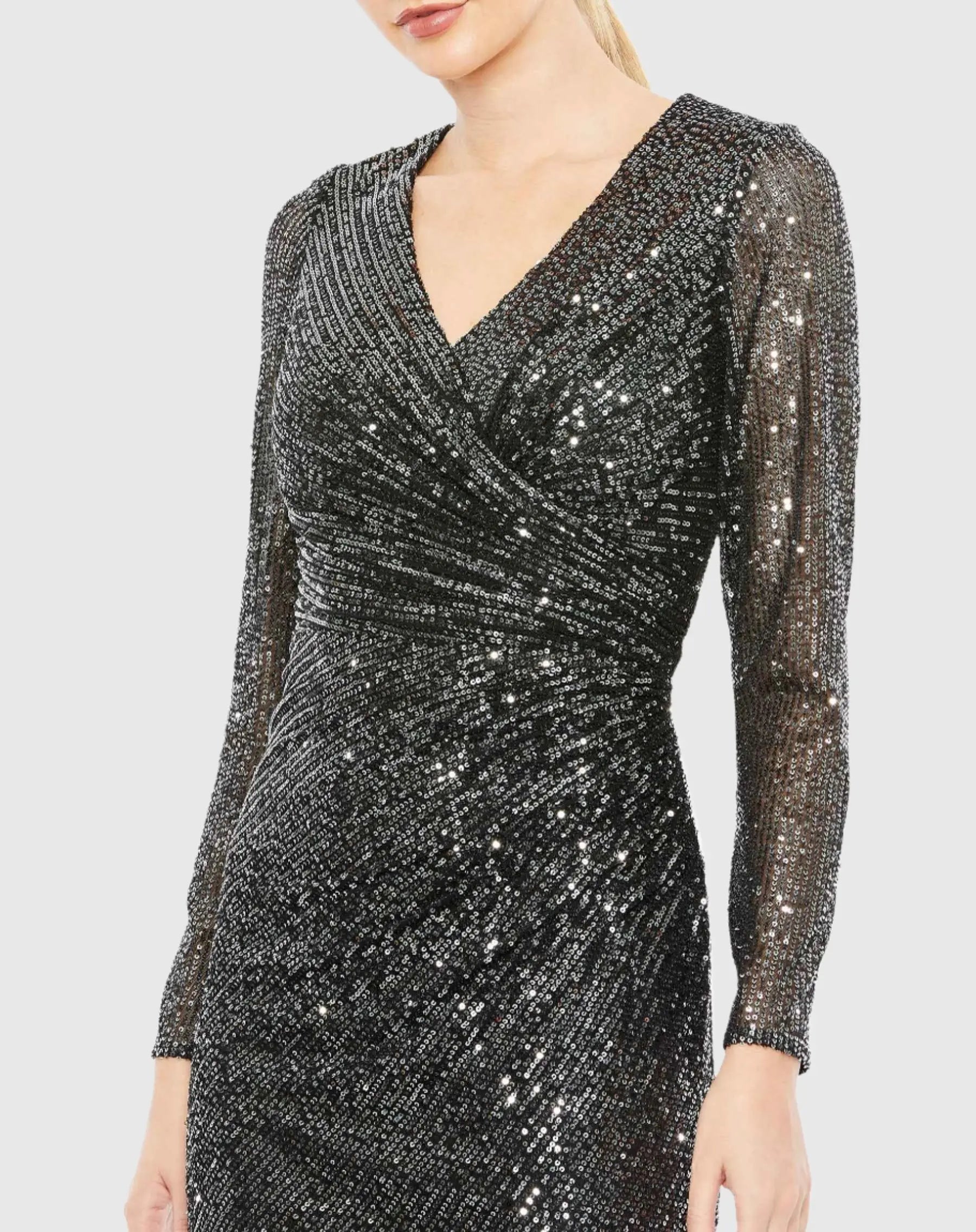 Black and Silver Sequined Faux Wrap V Neck Long Sleeve Midi Dress