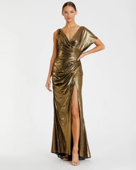Gold Asymmetrical Draped Metallic Trumpet Gown