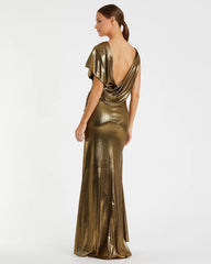 Gold Asymmetrical Draped Metallic Trumpet Gown