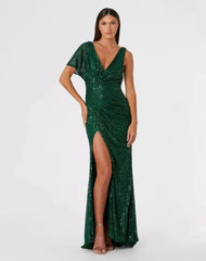 Green Sequined Asymmetrical Draped Trumpet Gown
