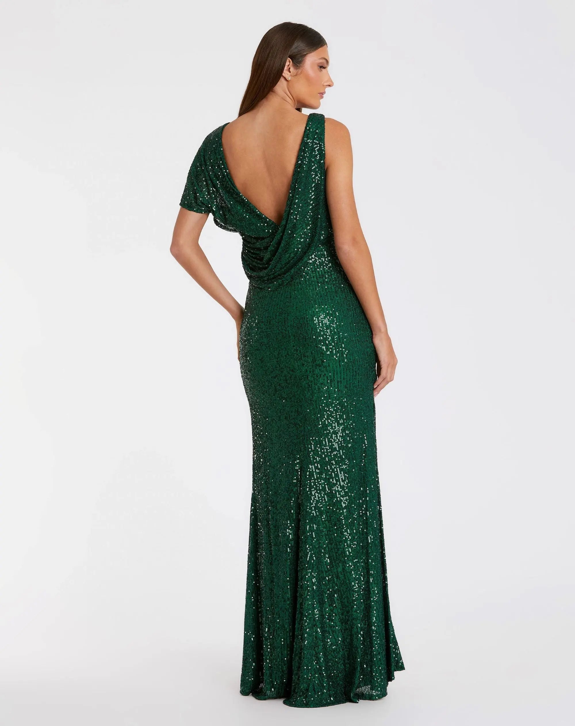 Green Sequined Asymmetrical Draped Trumpet Gown