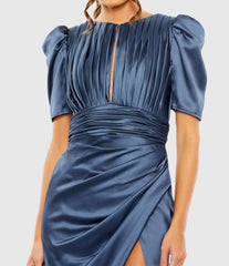 Blue Puff Sleeve Pleated Bodice Draped Gown