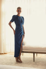 Blue Puff Sleeve Pleated Bodice Draped Gown