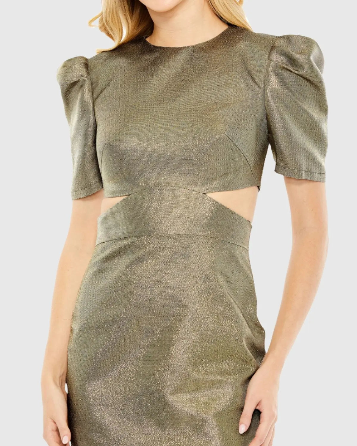 Gold Metallic Puff Sleeve Cut Out Mini Dress