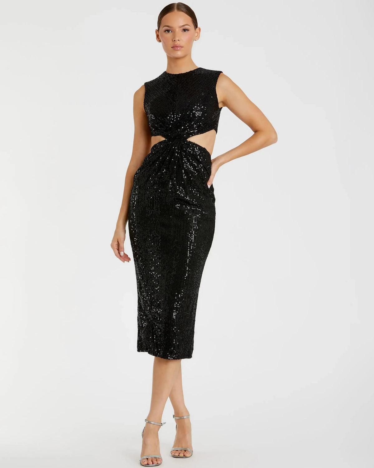 Black Sequin Front Twist Cut Out Sheath Dress - FINAL SALE