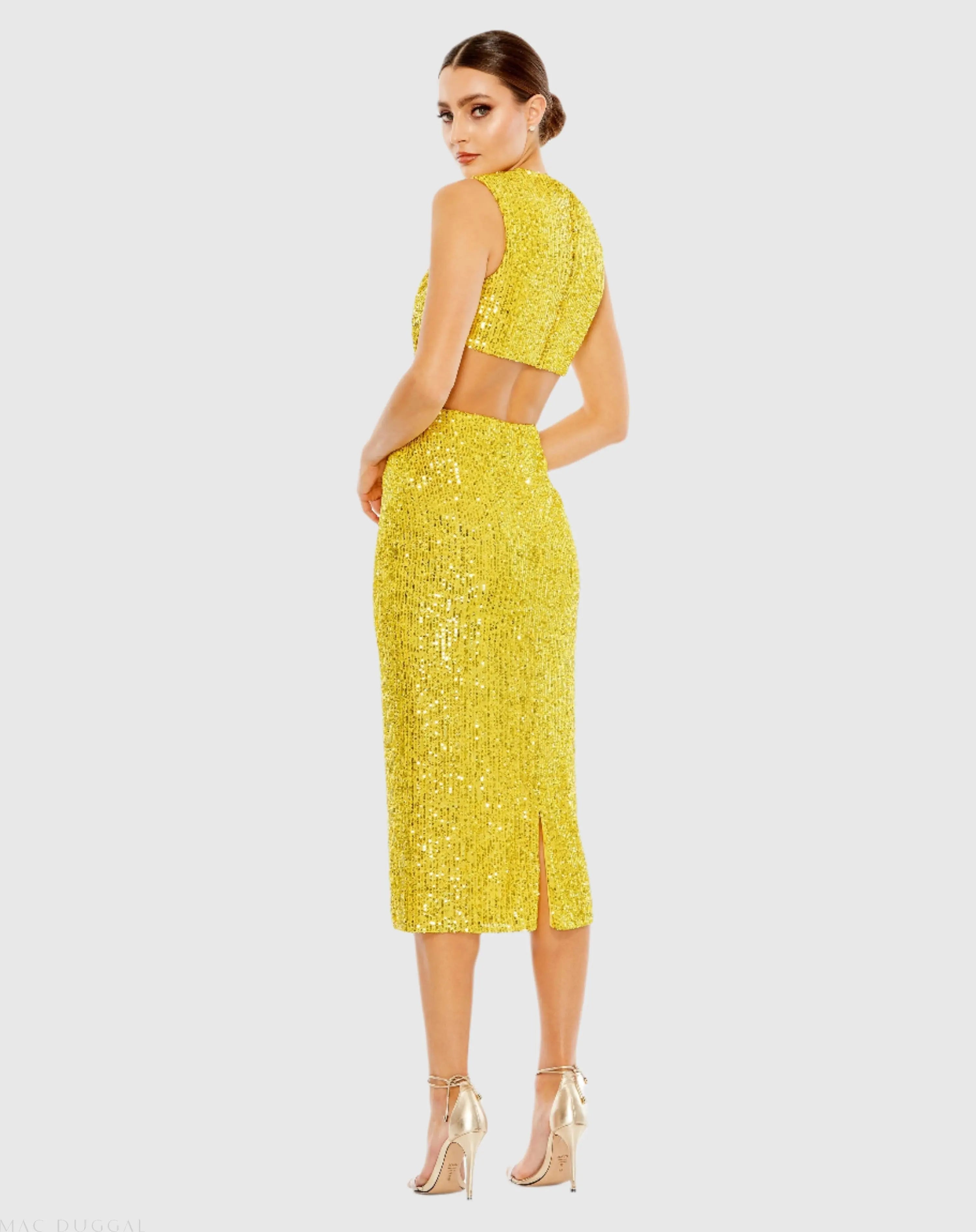 Yellow Sequin Front Twist Cut Out Sheath Dress