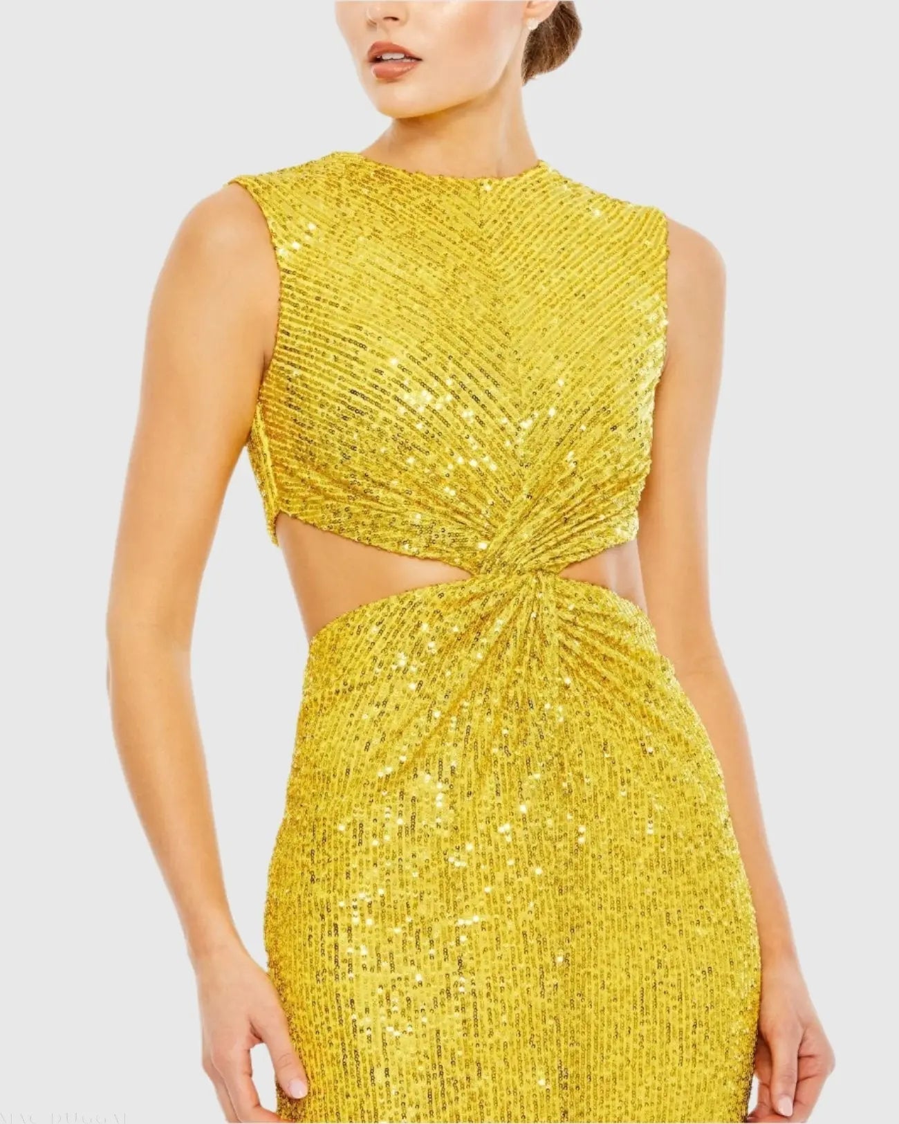 Yellow Sequin Front Twist Cut Out Sheath Dress
