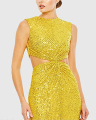 Yellow Sequin Front Twist Cut Out Sheath Dress