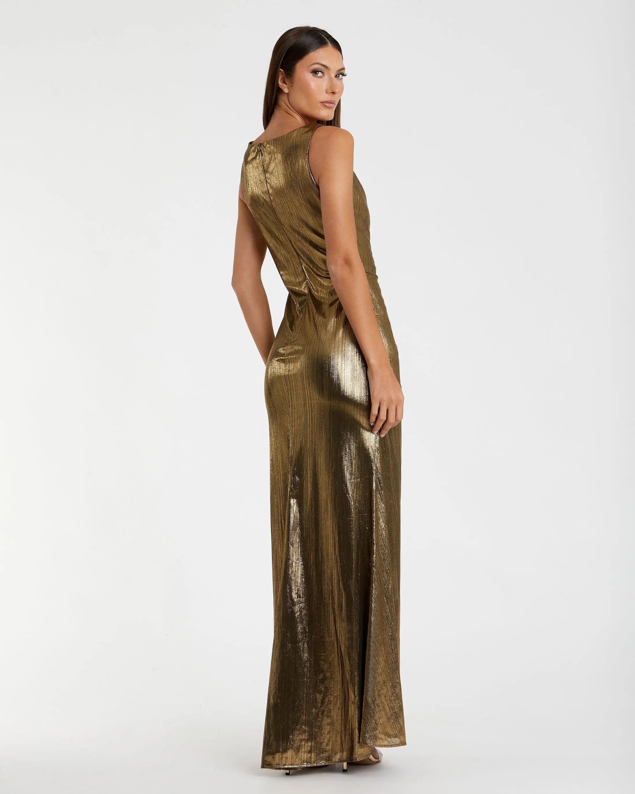 Gold Metallic Ruched Front Slip V-Neck Gown