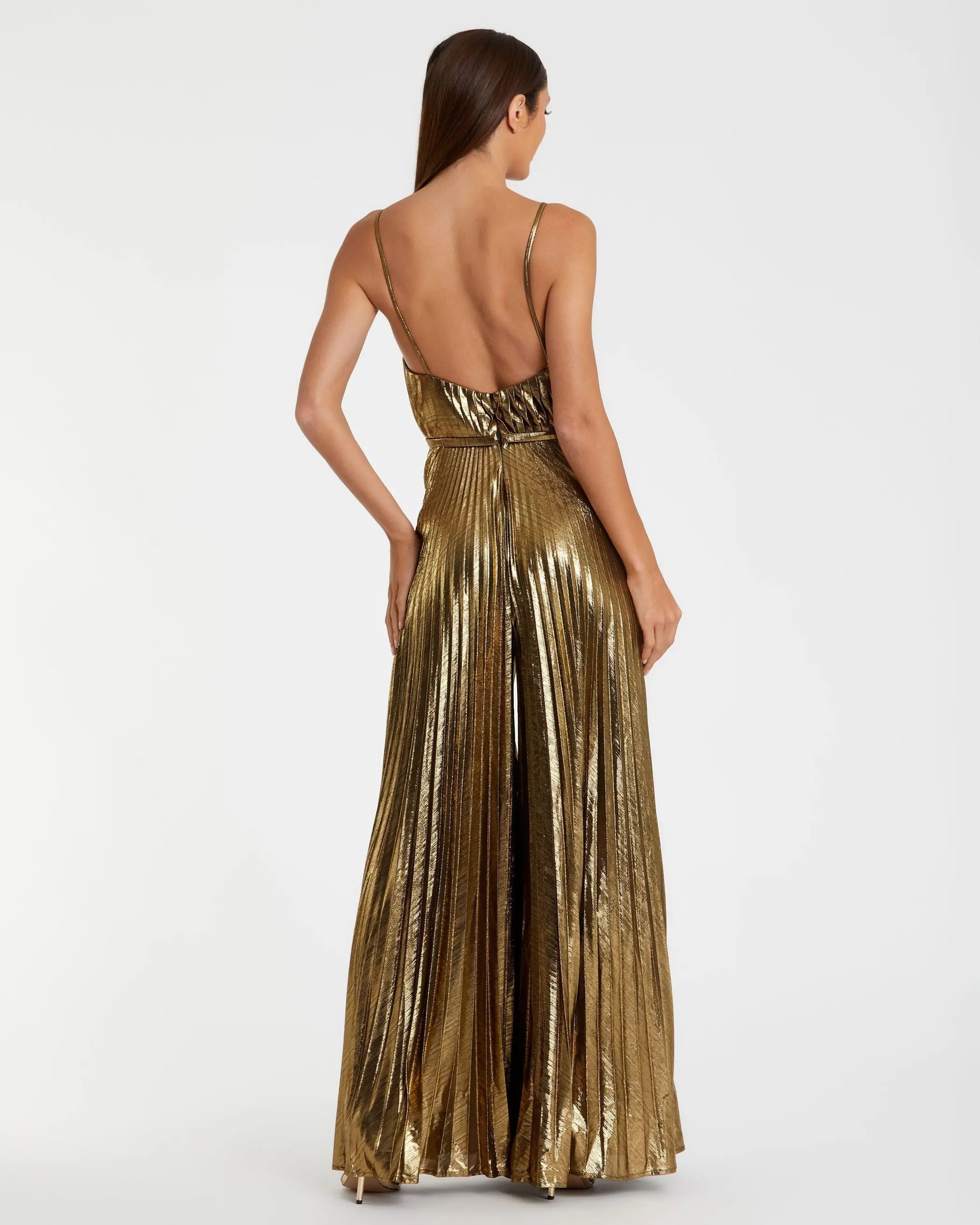 Gold Metallic Pleated V-Neck Jumpsuit