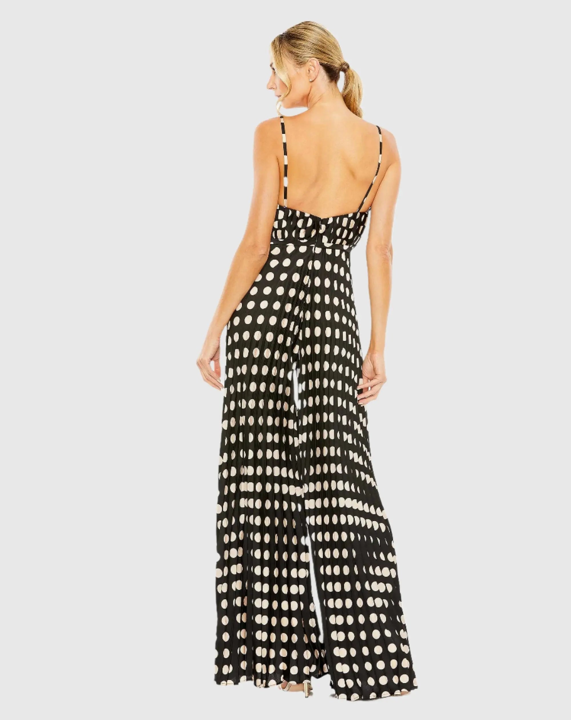 Black Pleated Charmeuse Polka Dot V-Neck Jumpsuit
