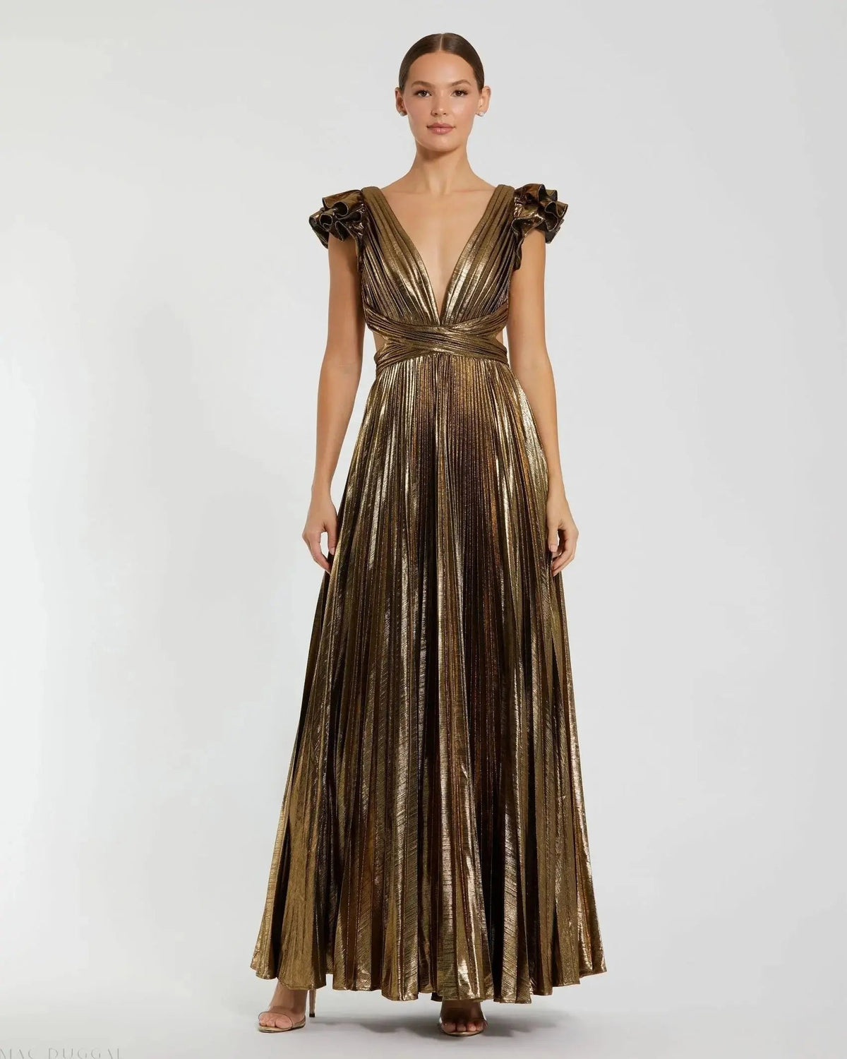 Gold Ruffle Sleeve Cutout Pleated Metallic Gown