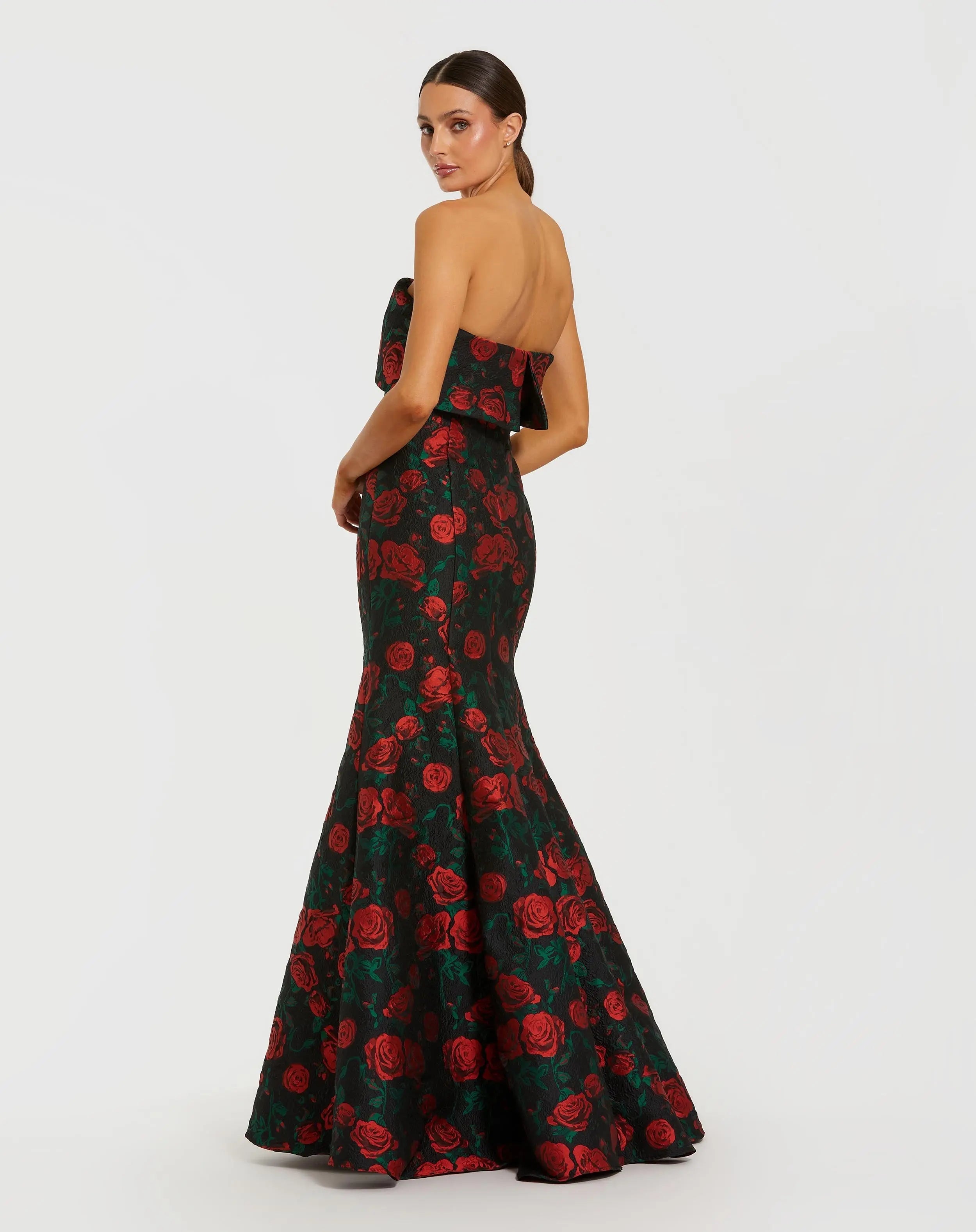 Black Strapless Floral Brocade Mermaid Gown