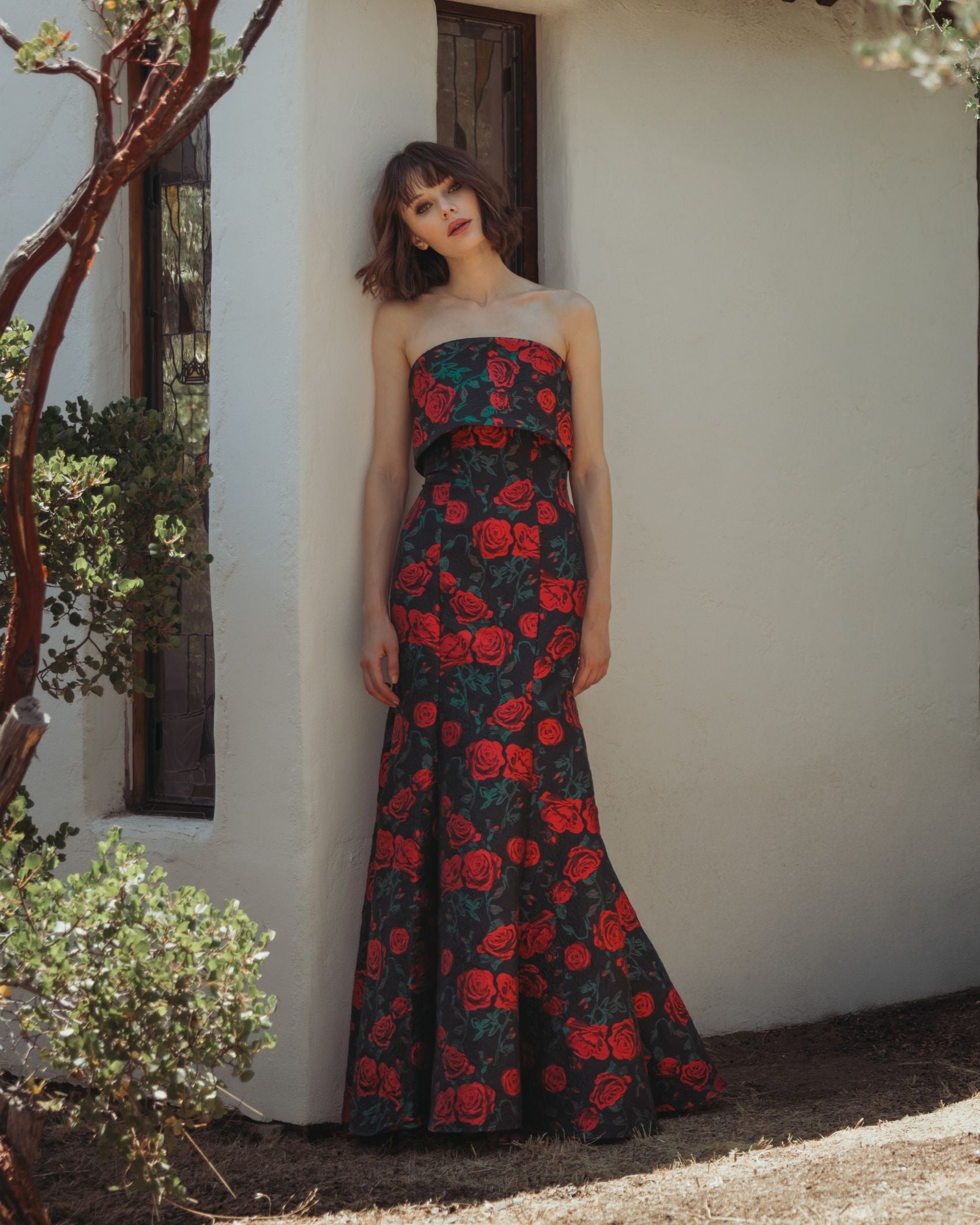 Black Strapless Floral Brocade Mermaid Gown