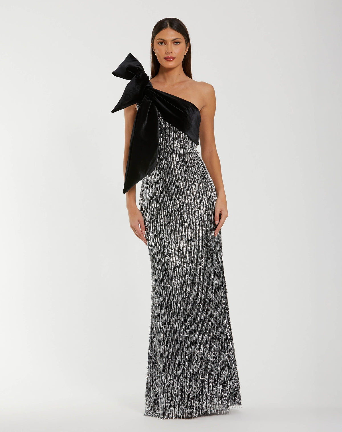 Black and Silver One Shoulder Embellished Gown With Velvet Bow