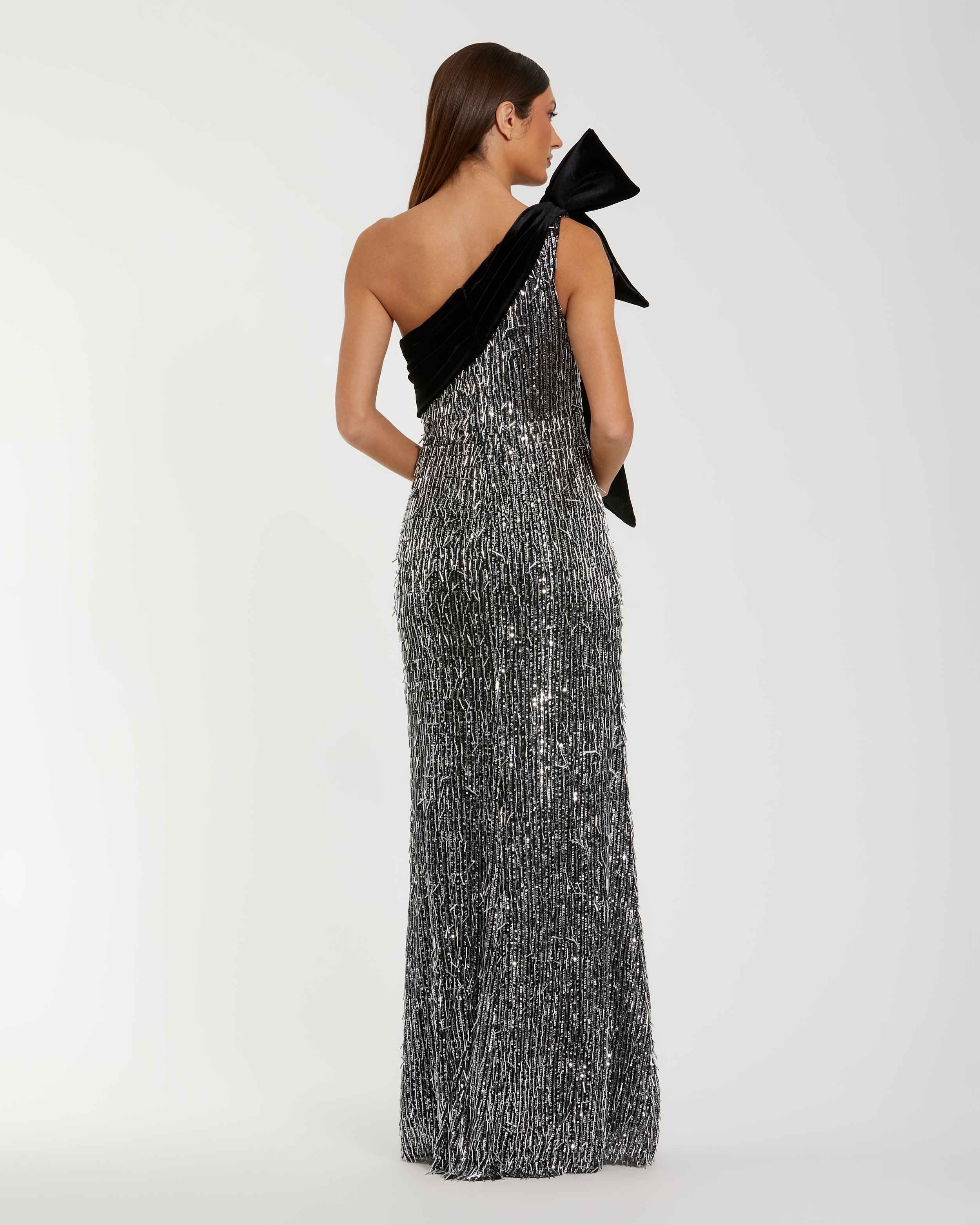 Black and Silver One Shoulder Embellished Gown With Velvet Bow