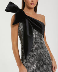 Black and Silver One Shoulder Embellished Gown With Velvet Bow